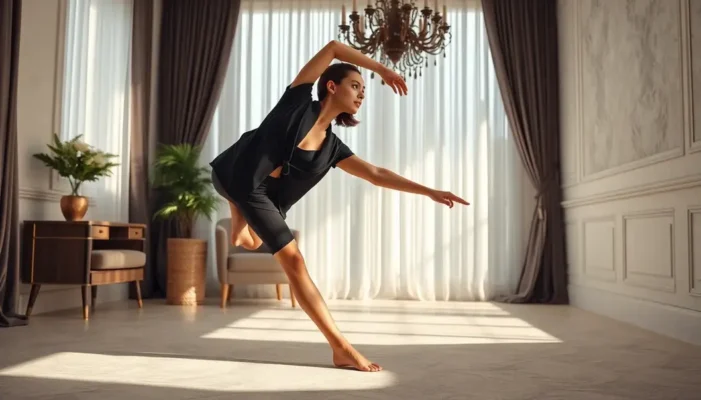 Fashion-forward person stretches in a chic room, highlighting elegance.