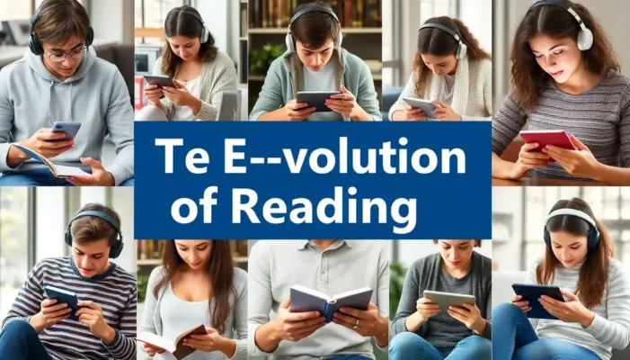 Young adults using e-readers and smartphones for digital reading.