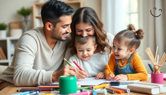 Couple and toddler happily engaged in creative activities with art supplies.