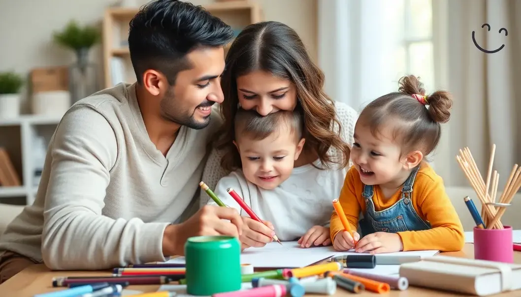 Couple and toddler happily engaged in creative activities with art supplies.