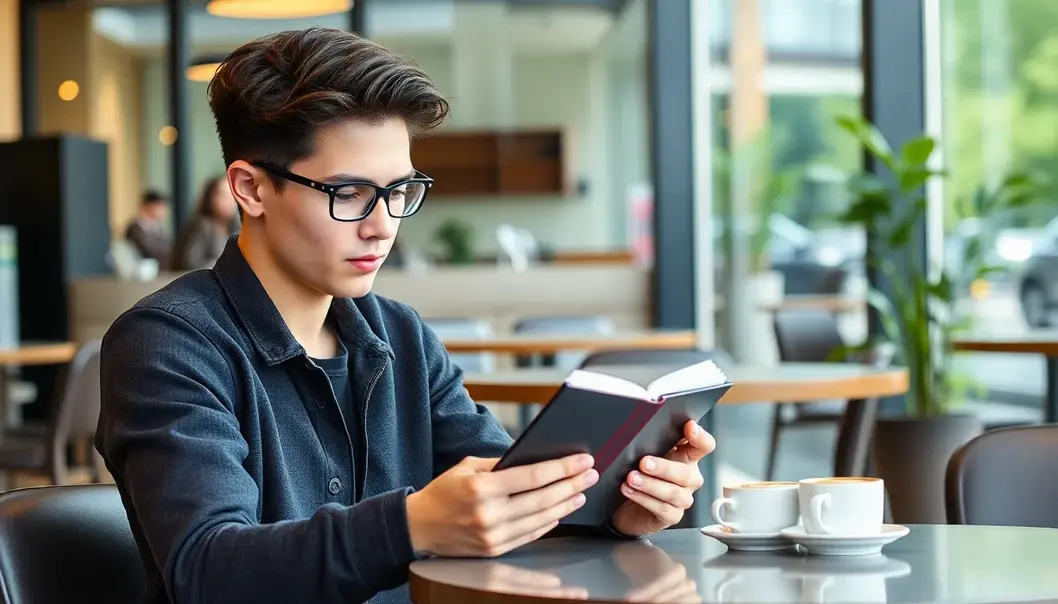 Young adult embracing e-books in a trendy coffee shop setting.