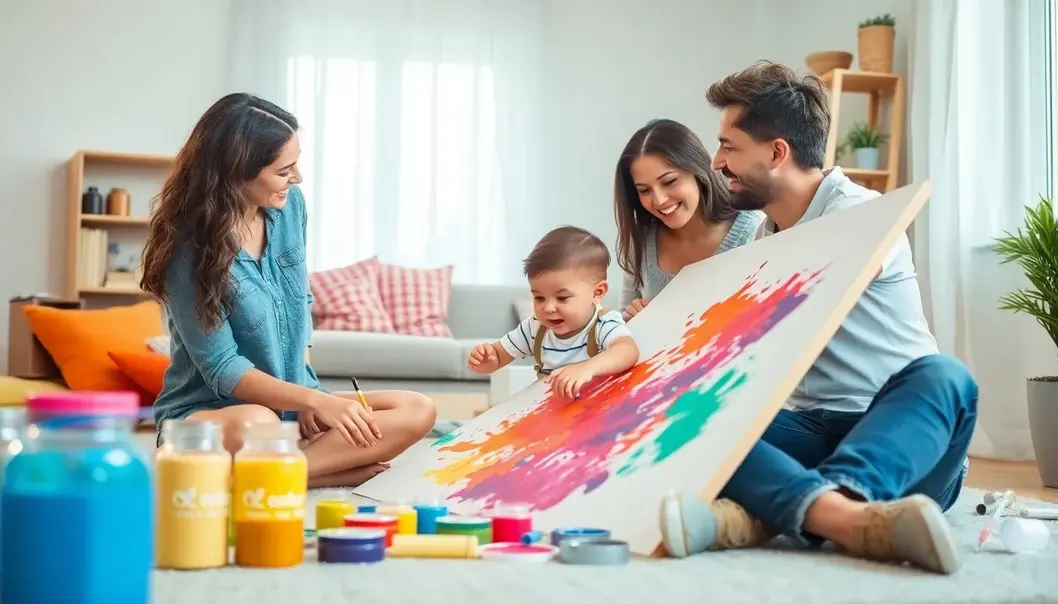 A family immersed in painting, sharing joy through colors.