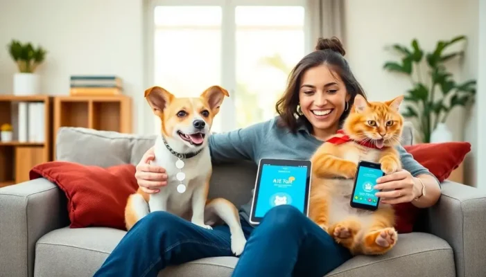 Pet owner with dog and cat, using AI tech devices for pet care.