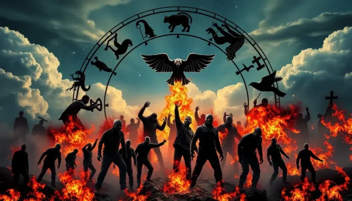 A collage of diverse zodiac signs represented with elements like clouds, fire, stars, and zombies.