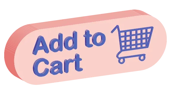 3D-rendered pink button with blue text “Add to Cart” and a shopping cart icon, floating on transparent background.