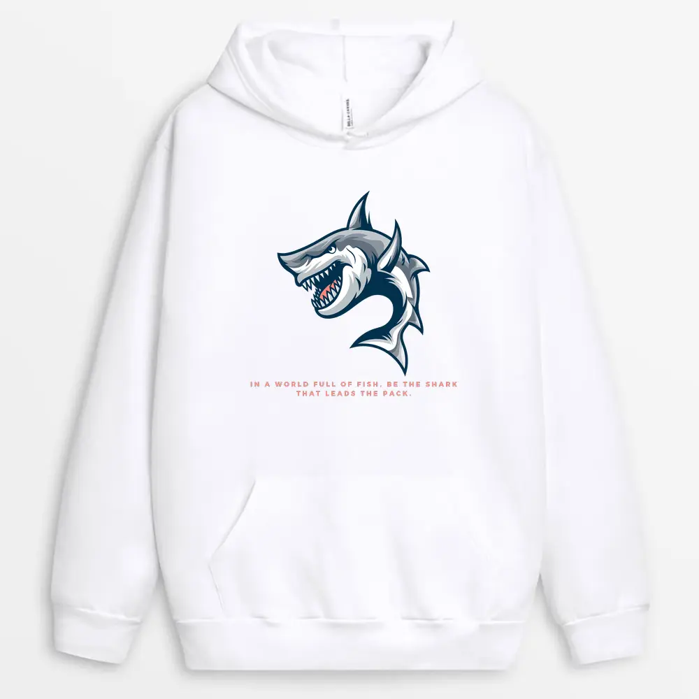 White hoodie with graphic shark leading the pack – be the shark custom print