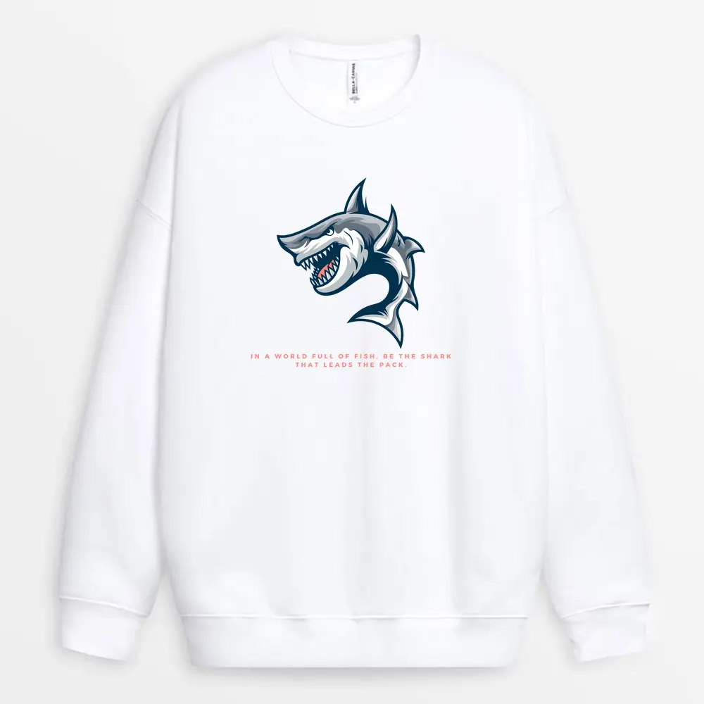 White sweatshirt with shark instinct graphic – embrace ambition with style