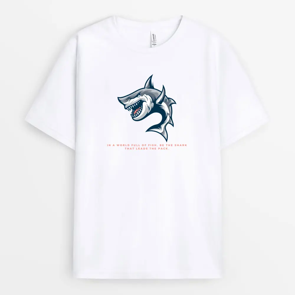 White t-shirt with bold shark graphic and 'Lead The Pack' slogan – custom print for leaders