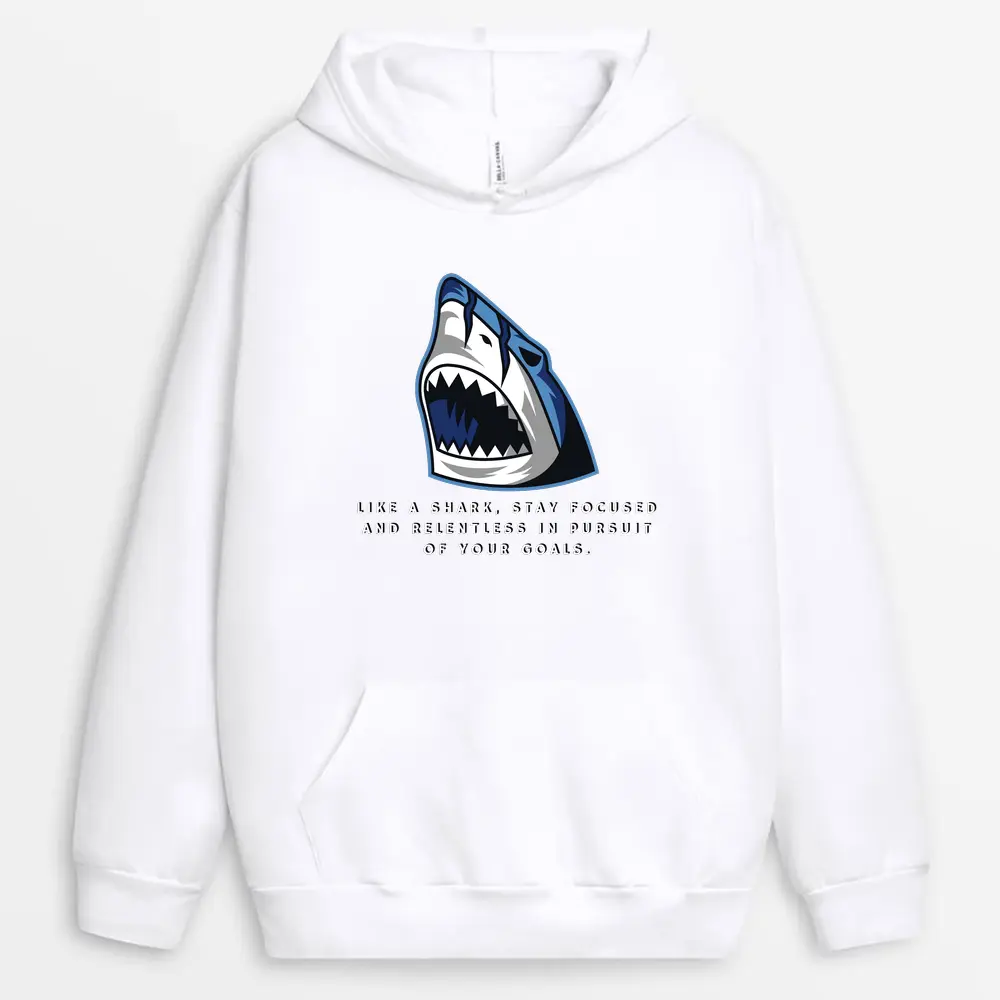 Focused shark print on white hoodie – designed to inspire relentless ambition