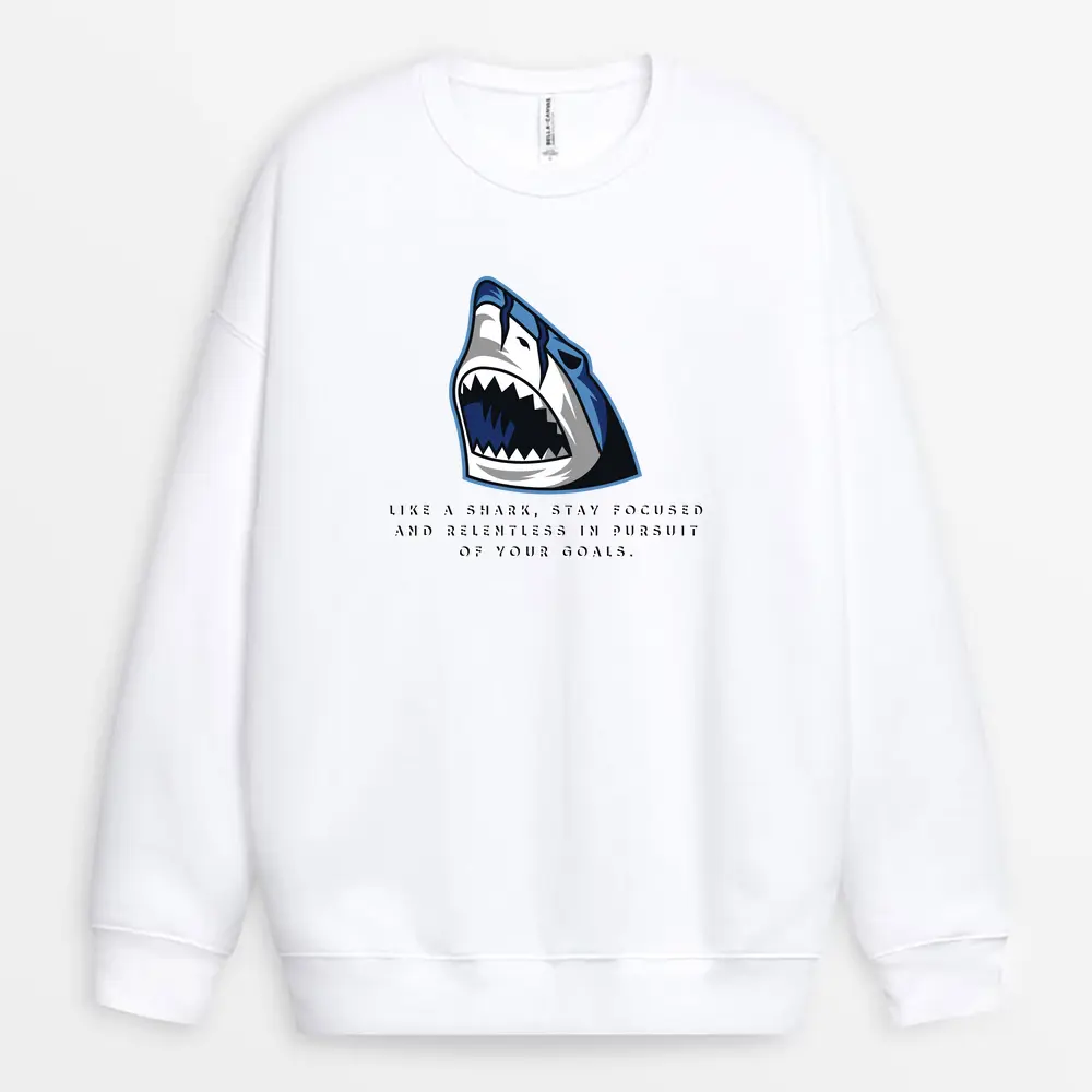 Focused shark print on white sweatshirt – perfect for goal-driven achievers