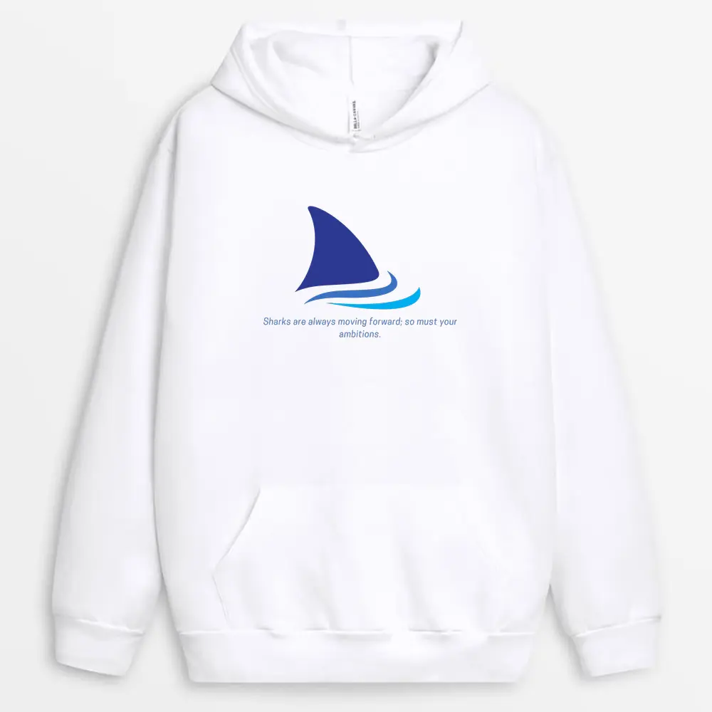 Shark-themed hoodie in white encouraging motion and ambition – custom print