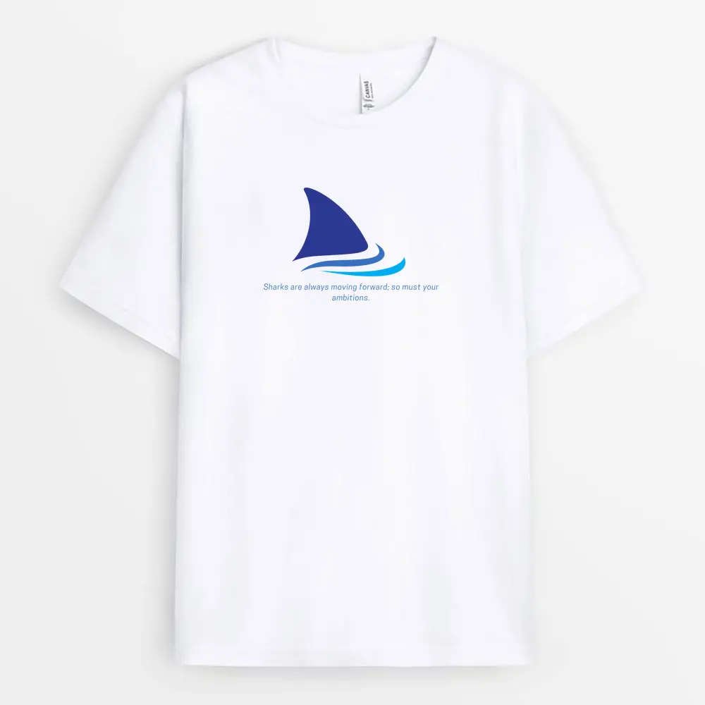 White shark t-shirt symbolizing ambition in motion – printed design for forward thinkers