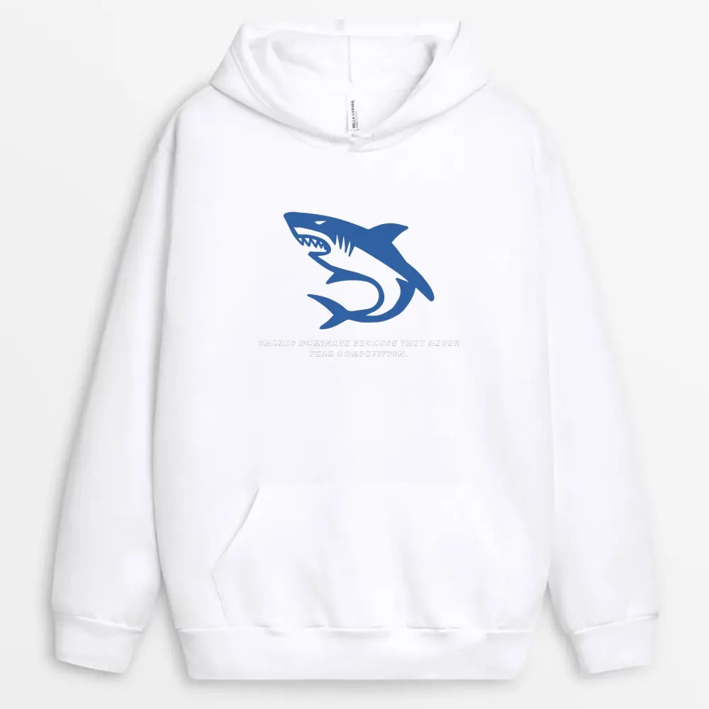 White hoodie with bold shark art and 'No Fear of Competition' message – custom made
