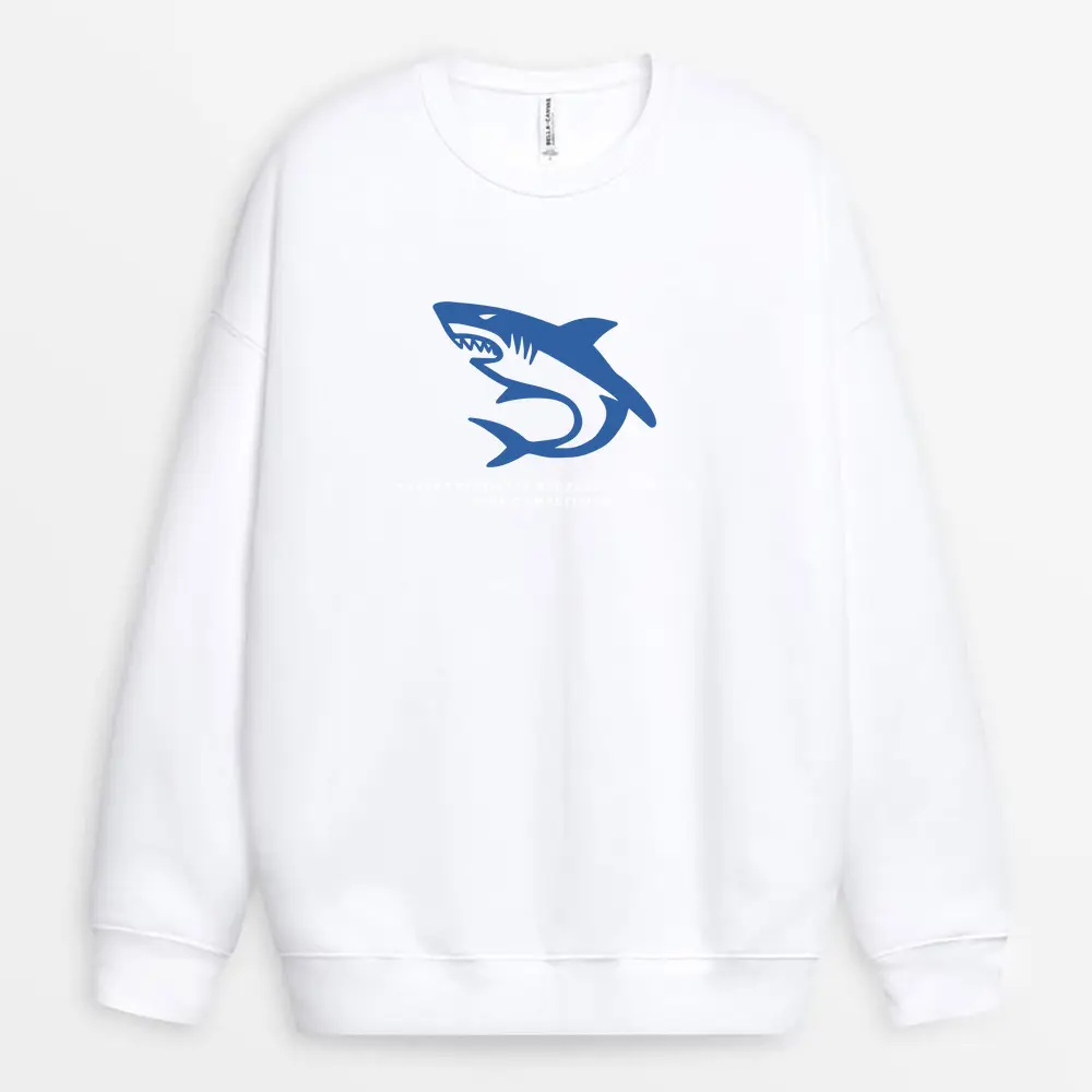 Shark dominating the ocean depths on a white sweatshirt – powerful ambition message