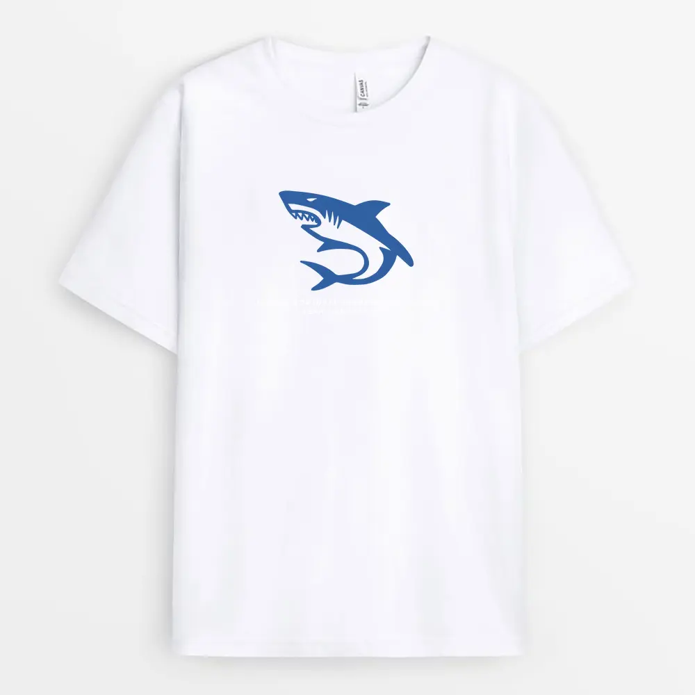 White t-shirt with fearless shark illustration and competitive spirit message – custom printed
